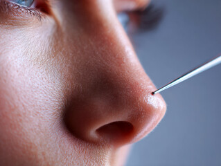 Person undergoing blackhead extraction with a metal comedone tool focusing on pore cleansing and skincare routine on the nose area
