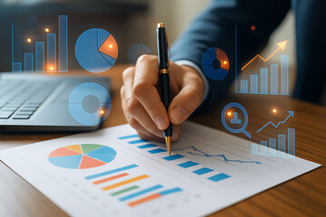 Hand of professional analyzing colorful graphs and charts with futuristic hologram data visualization representing statistics and finance