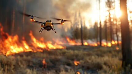 A dramatic scene of a drone flying above a raging wildfire in a forest during sunset, showcasing the stark contrast between devastation and natural beauty.