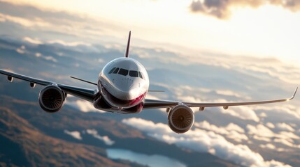 Naklejka premium A sleek commercial airplane soars over picturesque clouds and mountains, representing travel, adventure, and the thrill of exploration in the vast skies.