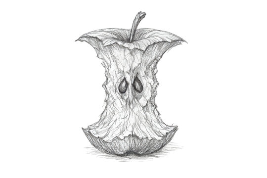 Apple core, graphite drawing on transparent background, eaten remains.