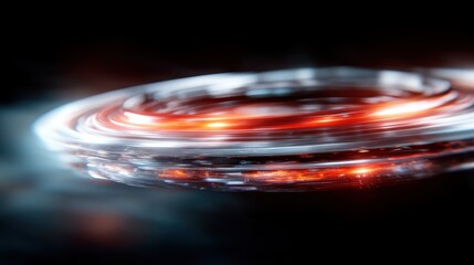 A futuristic glass disk appears to rotate with glowing elements, creating a mesmerizing and abstract visual that evokes thoughts of technology and advanced design aesthetics.