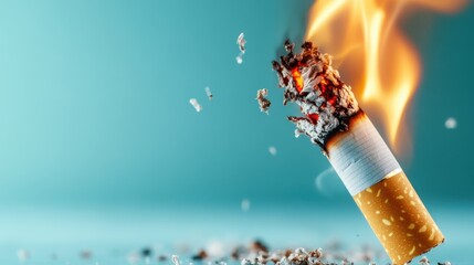A lit cigarette hovers against a tranquil blue backdrop, illustrating the stark contrast between harmful habits and the peaceful serenity of the environment surrounding us.