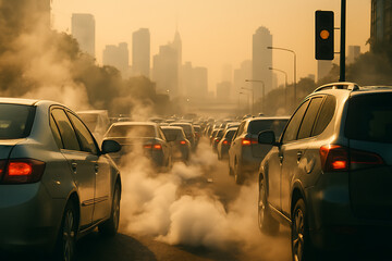 Heavy traffic with cars emitting exhaust fumes causing air pollution and smog in urban city environment during rush hour congestion