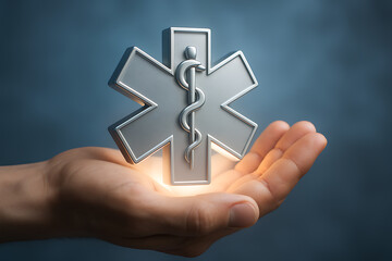 Human hand holding bright glowing emergency medical symbol with caduceus representing healthcare treatment support and first aid