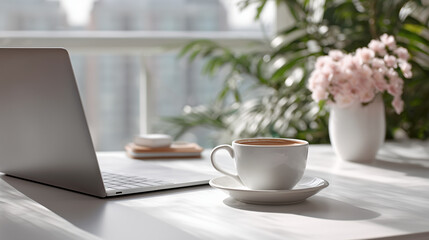 Bright morning workspace with laptop, coffee cup and flowers near window perfect for productivity visuals, remote work themes and creative lifestyle content
