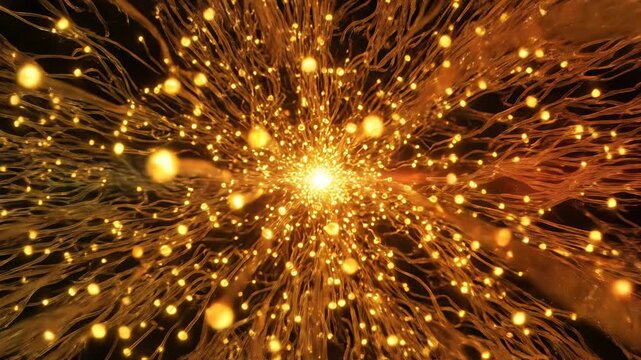 An abstract image of a bright light with yellow and orange streaks radiating outward in all directions on a dark background 4k video