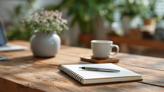 Open notebook with black pen and ceramic coffee cup on rustic wooden desk in cozy home office with soft daylight perfect for work-from-home or journaling themes
