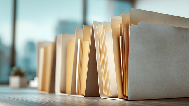 Paper folders with organized documents standing in row on office desk with soft city background light perfect for archive, filing and administrative visuals
