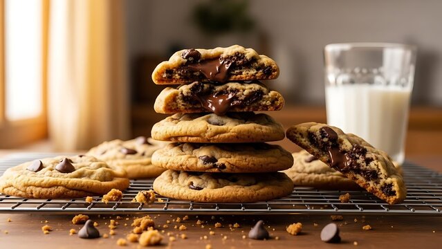 A stack of chocolate chip cookies on a cooling rack with milk