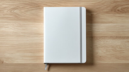 Closed white hardcover notebook with elastic band on wooden surface shot from above perfect for productivity visuals, branding mockups and stationery presentations
