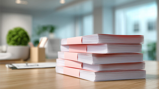 Stack of documents with pink covers on wooden office desk in daylight perfect for admin workflow visuals, paperwork themes and document organization content
