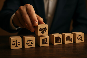 Legal cooperation and corporate teamwork strategy represented by business symbols blocks for success collaboration