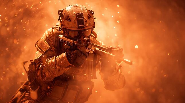 A soldier in combat gear cautiously advances through smoke or dust, weapon at the ready