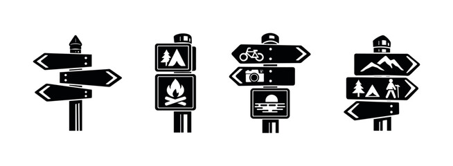 Outdoor adventure vector icons set: camping, hiking, cycling signs collection