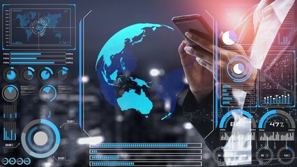 High-tech global network connection interface showing worldwide digital communication, data exchange, and internet connectivity. Global connection, data interaction, and worldwide communication. Thunk