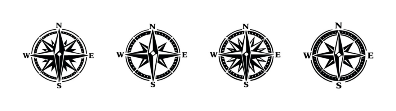 Compass rose vector icons set: navigation symbols, windrose, direction, exploration