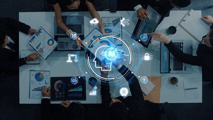 A concept of a global AI ecosystem centered on digital intelligence. Network integrates diverse applications like industrial automation, cloud computing, and fintech for worldwide innovation. Fermion