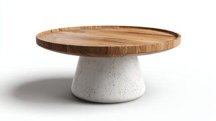 Round coffee table featuring a natural wooden top and a robust concrete base, showcasing a blend of minimalist and modern design elements for contemporary living spaces
