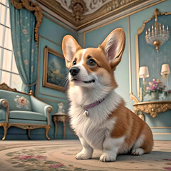 A corgi dog sitting calmly inside a luxurious palace interior with elegant architectural details