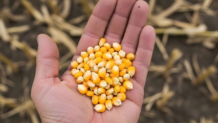 Naklejka premium Handful of Golden Corn Kernels Freshly Harvested from the Field.