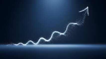 Abstract rendering of glittering particles forming an upward moving arrow depicting business growth