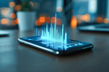 Digital soundwave visualization projected from smartphone screen on a wooden table with blurred background lights and tech devices in modern office environment