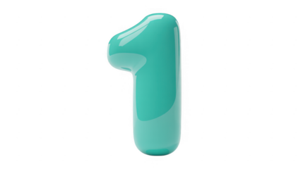 Teal glossy number one digit isolated on a transparent background