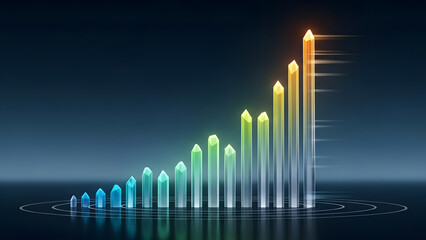 Growth graph with colorful bar charts and upward pointing arrow showing increasing success and business