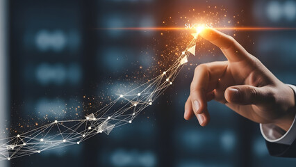 Business success concept showing human hand touching glowing upward trajectory line with connecting nodes