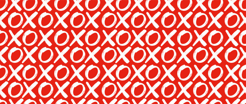 XO XO XO seamless Valentine&rsquo;s Day pattern with handwritten text. White brush stroke letters and characters on red. Romantic vector wrapping paper, textile, wallpaper and holiday love pattern design.