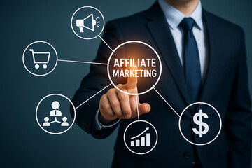 Professional pointing holographic affiliate marketing business diagram representing sales commission advertising referral and online revenue