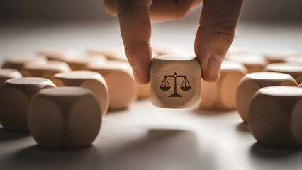Hand selecting wooden cube with law scale symbol from group of cubes concept of justice and choice