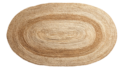 Oval braided jute area rug with natural woven sisal texture, providing rustic home decor style and ecological interior design element, isolated on transparent background