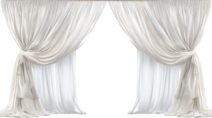 White sheer draped curtains creating an elegant opening, showing a light and airy interior design element with flowing textile fabric and transparent background