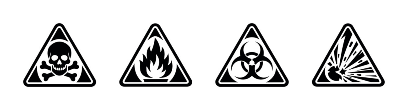 Hazard warning signs vector icons set: skull, flame, biohazard, explosion
