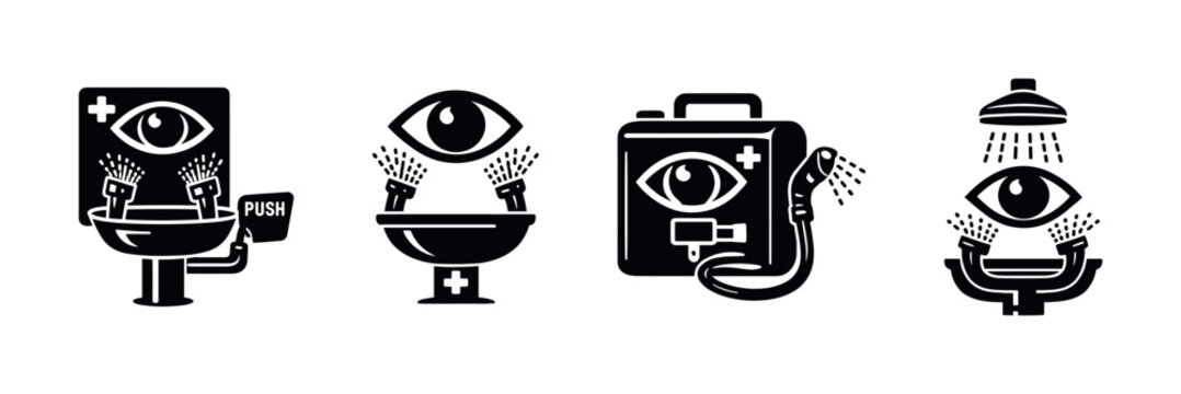 Eye wash station vector icons set &ndash; safety, emergency, wash symbols