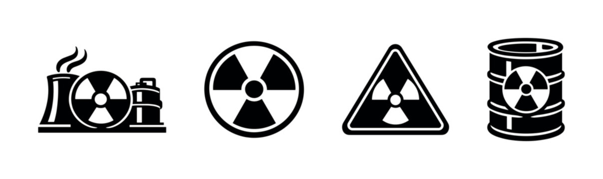 Nuclear energy vector icons set: radiation, hazard symbols, atomic power