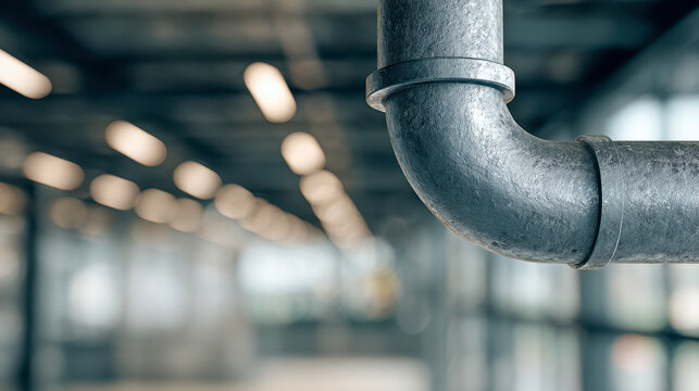 Metal plumbing pipe with a 90 degree elbow joint inside a modern building featuring industrial lighting and blurred windows in the background