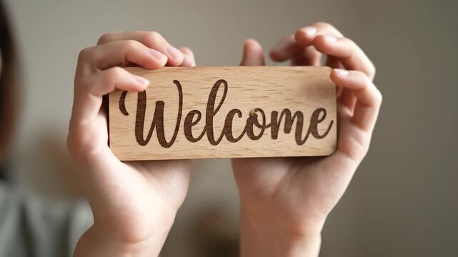 A close-up video clip of hands holding a small, rustic wooden sign with the word "Welcome" written in an elegant script font. 