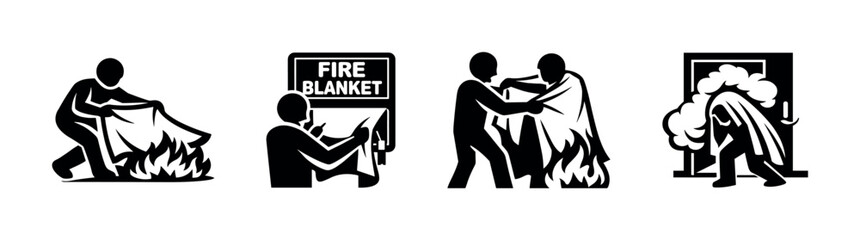 Fire safety vector icons set: extinguishing, rescue, emergency symbols collection