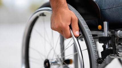 Fototapeta premium A close up of a person's hand gripping the wheel on a wheelchair with focus in the foreground and blurred background
