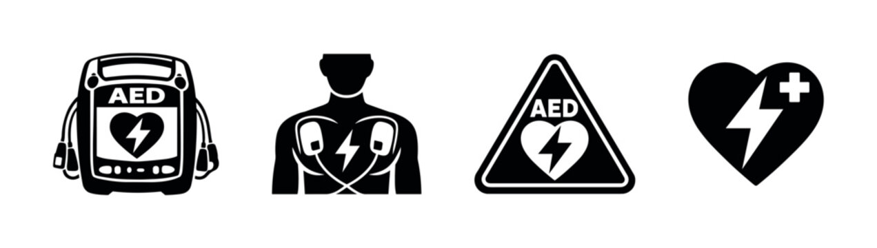 Aed vector icons set: defibrillator, heart, warning symbols for emergency use