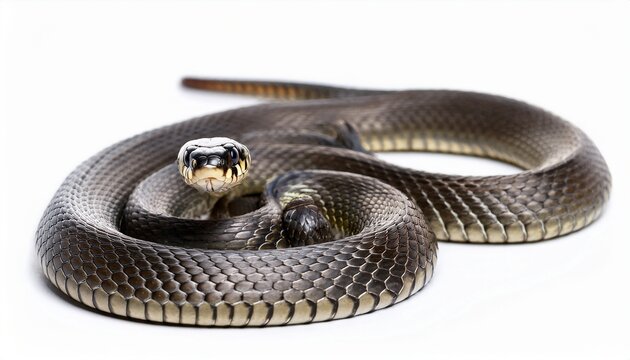 Isolated Grass Snake Crawling In S Shape Viewed From Eye Level European Reptile Species