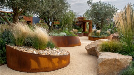 Contemporary garden design featuring rusted corten steel planters with ornamental grasses, pebble mulch, and olive trees, creating a modern, tranquil outdoor space