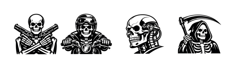 Skull vector icons set: biker, robot, grim reaper, skeleton symbols