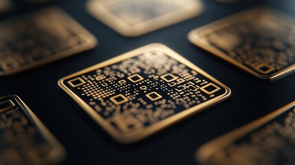 A series of gold-toned QR codes with intricate designs on a dark background, symbolizing the fusion of technology and elegance in modern communication and connectivity.