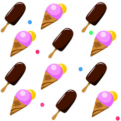 Seamless pattern on a white background featuring an ice cream cone or popsicle. Suitable for decorating wrapping paper, wallpaper, fabric, and more.
