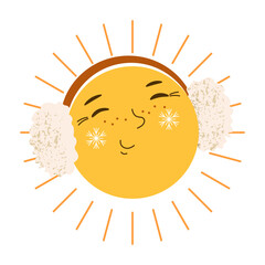 Cute winter sun character with eyes and smile wearing fluffy headphones, freckles and snowflake cheeks. Vector baby illustration on white isolated background.