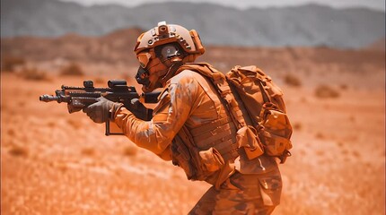 A soldier in desert camouflage gear and a gas mask holds a rifle in a desert environment with a dusty background - Powered by Adobe